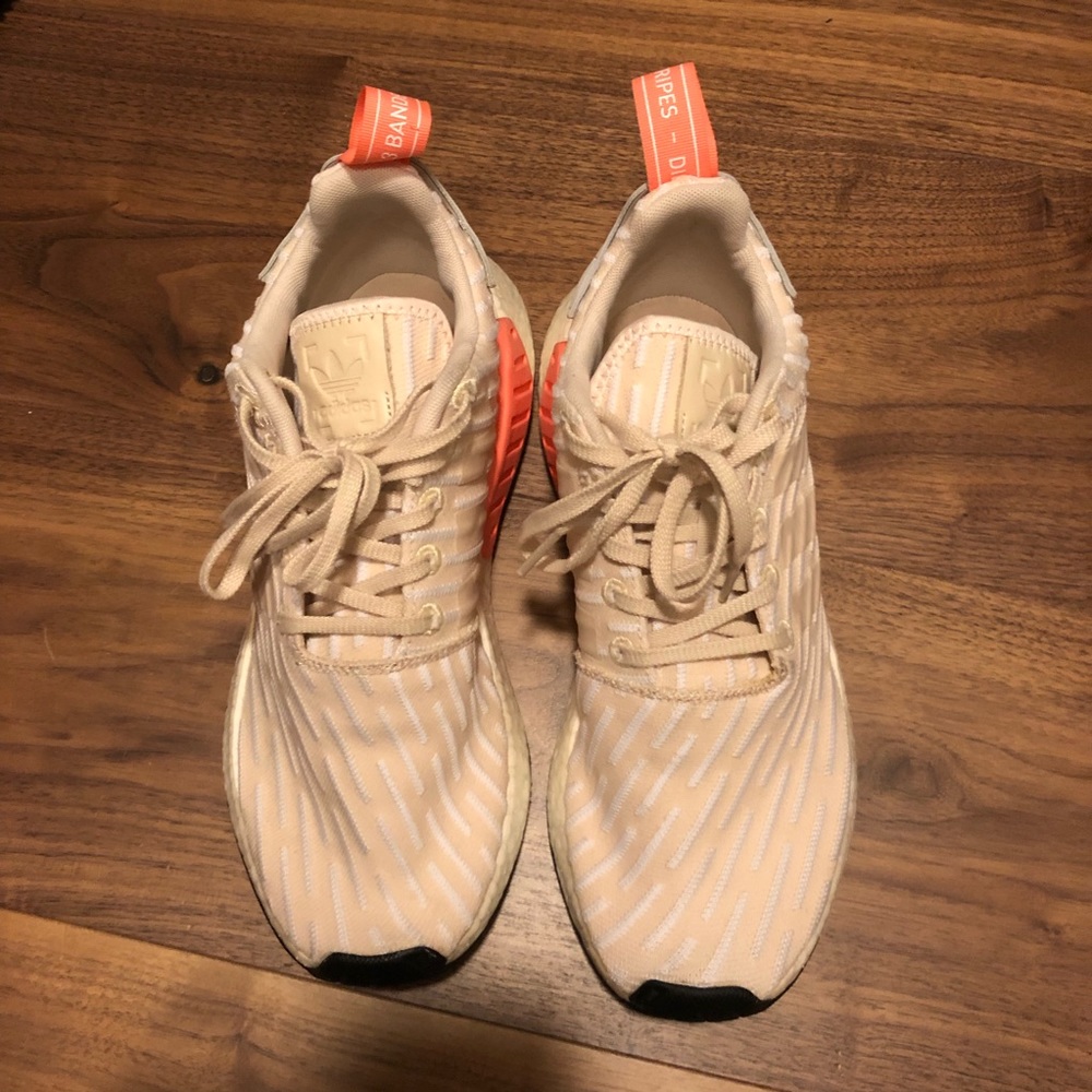 Beige and White Adidas Sneakers w/ Coral Detail